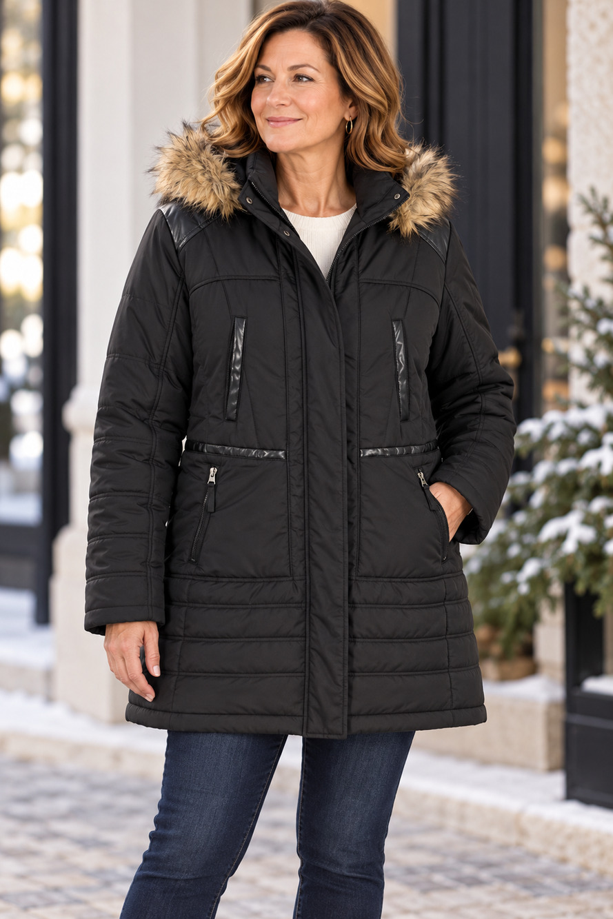 Maralyn & Me Womens XL Black Puffer Coat Faux Fur Hood Faux Leather Trim 34"